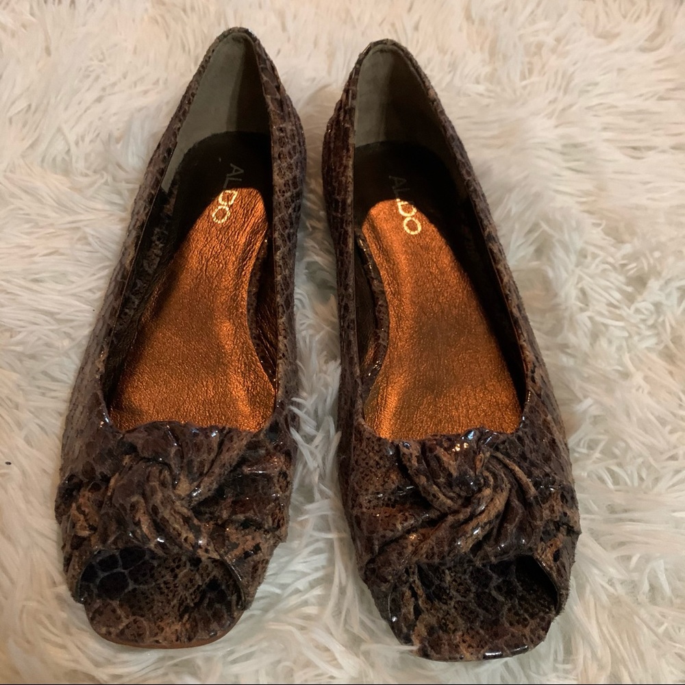 Aldo brown snakeskin print open toe slip on flat Size 8.5/EU39